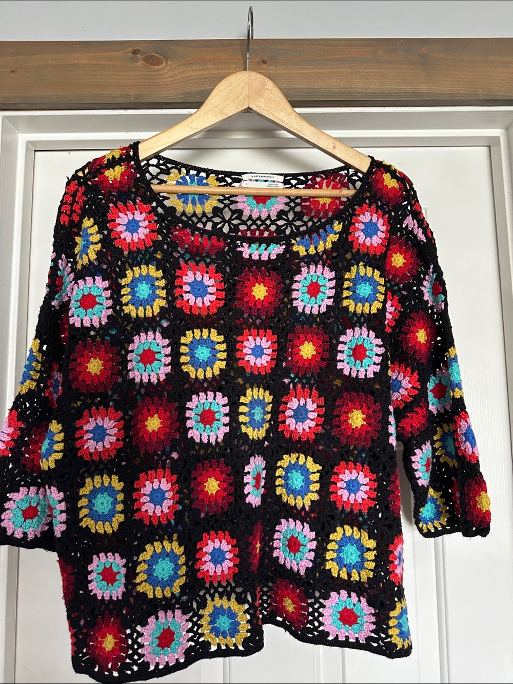 Anthropologie Black Crochet Multi-Color Square Floral Openwork Sweater